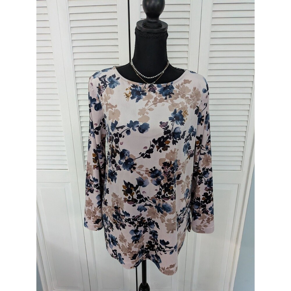 J. Jill Women Velour Top Women's Lp Mauve Floral Long Sleeve Blouse Cozy Comfy